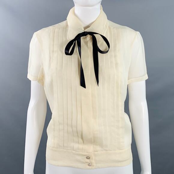 CHANEL Vintage 2003 Cruise 8 Cream Black Silk Sheer Pleated Short Sleeve Blouse - Picture 1 of 9